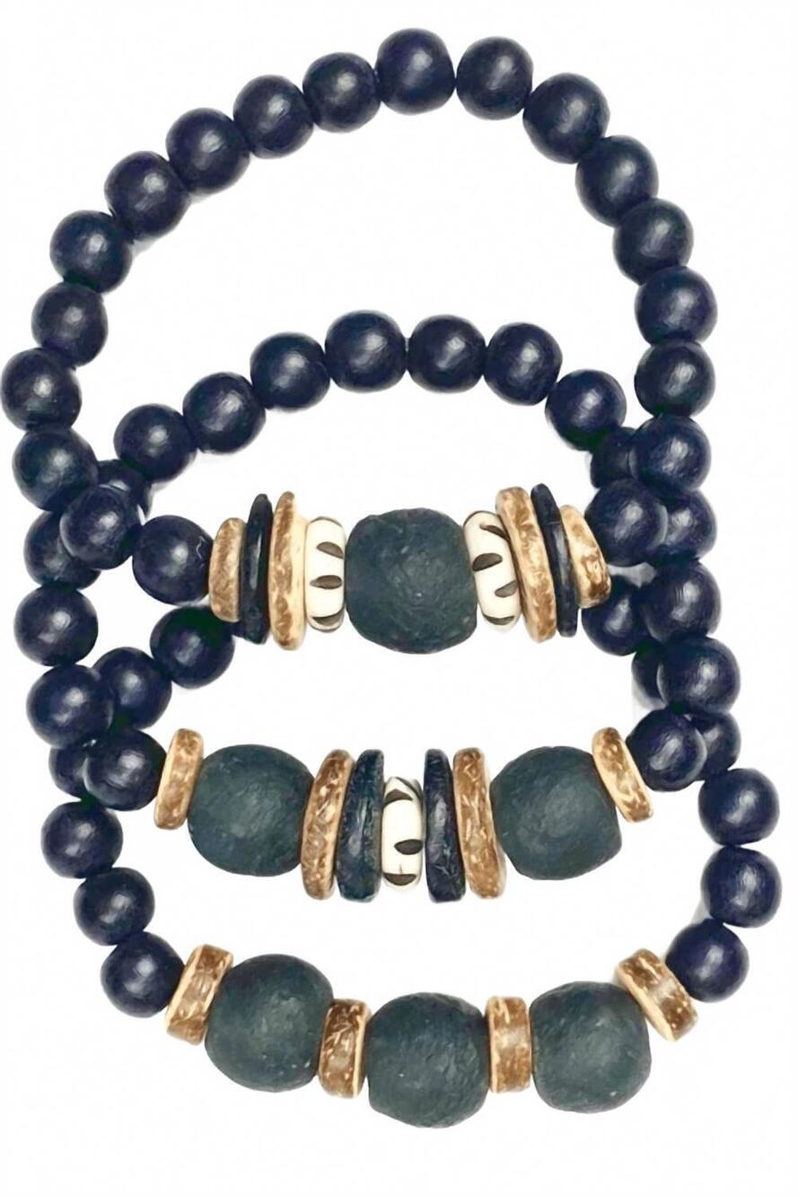 NEW TWINE & TWIG women's trio stack bracelet set in black, camel